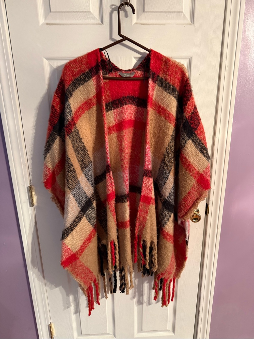 Cozy Plaid Fringe Poncho in Red, Tan & Black